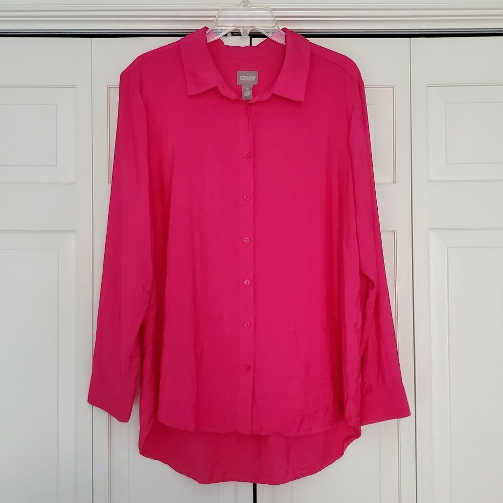 Chico’s Drapy Crinkle Ultra Pink Button-Down Long Sleeve Top Size 3/XL
